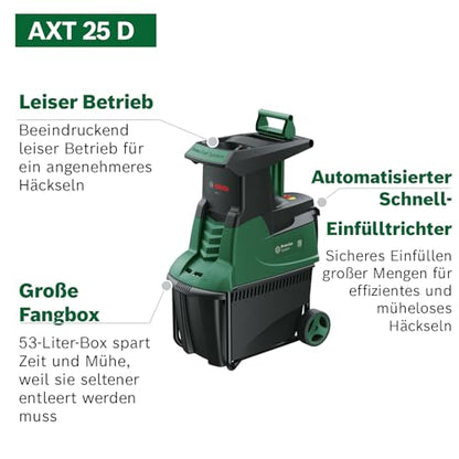 Bosch Leisehäcksler AXT 25 D (2.500 W; geeignet für Hartholz und Dornensträucher; integrierte Fangbox 53 l; in Karton)
