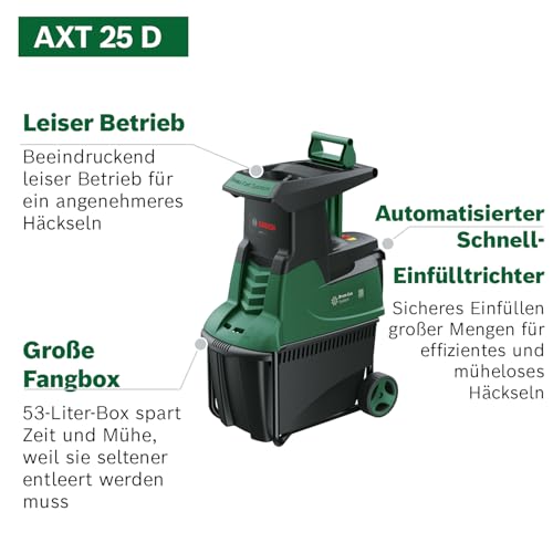 Bosch Leisehäcksler AXT 25 D (2.500 W; geeignet für Hartholz und Dornensträucher; integrierte Fangbox 53 l; in Karton)