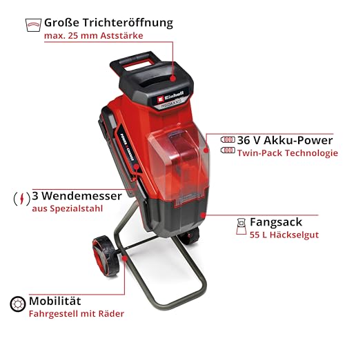 Einhell Akku-Messerhäcksler REDAXXO 36/25 Power X-Change (36 V, max. 25 mm Aststärke, 3 Wendemesser aus Stahl, 55 L Fangsack, Transportgriff, Stopfer)