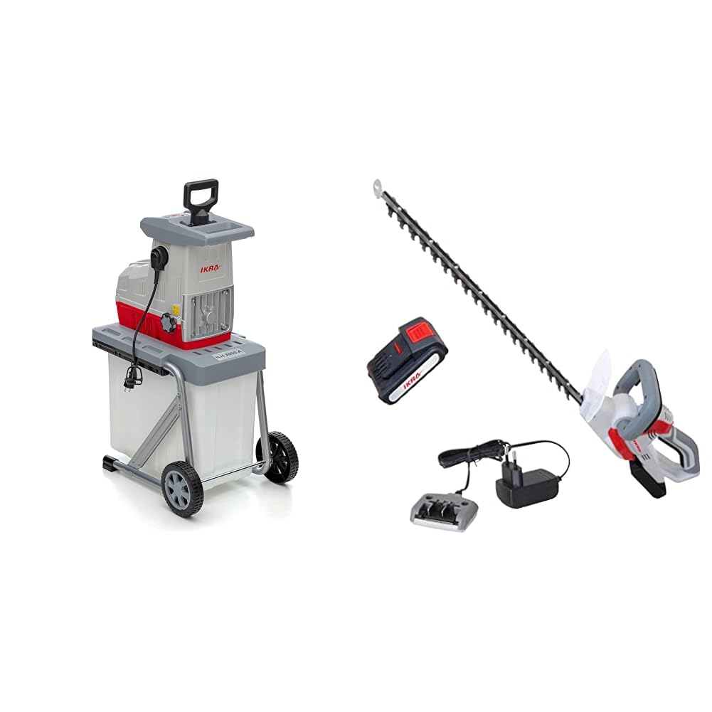 IKRA 81002880 Elektro Gartenhäcksler Walzenhäcksler ILH 3000 A & Akku Heckenschere IAHS 20-1 inkl. Akku 20V & Akku-Ladestation, Schnittlänge 54cm