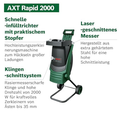 Bosch AXT Rapid 2000 Häcksler (zum leistungsstarken Häckseln von Gartenabfällen; kraftvoller 2000-W-Motor)