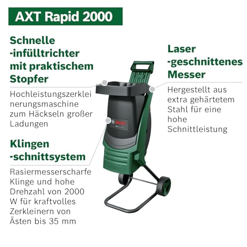 Bosch AXT Rapid 2000 Häcksler (zum leistungsstarken Häckseln von Gartenabfällen; kraftvoller 2000-W-Motor)